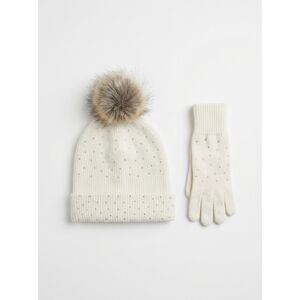 NWT LOFT Ivory Rhinestone Beanie Hat Gloves Set Faux Fur Pom